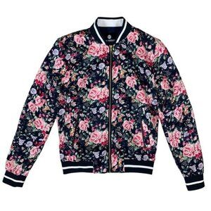 Beau‎ Hudson Floral Bomber Jacket XS Navy Pink Rose Print Zip Up Ribbed Trim